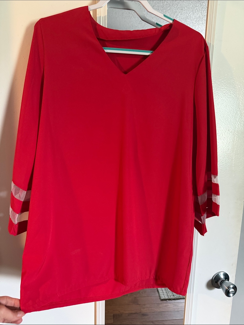 V-Neck Red Women's Tunic with Sheer Sleeve Stripes